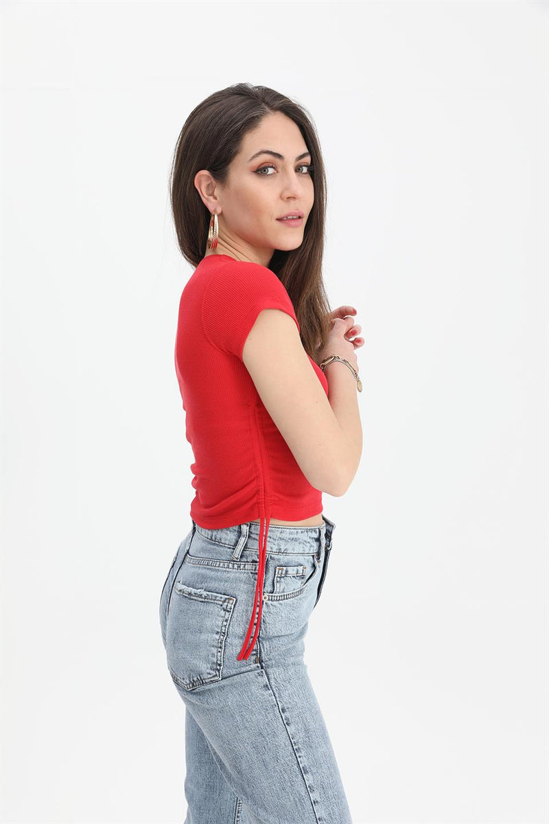Women's Blouse Crew Neck Pleated Sides - Red - STREET MODE ™