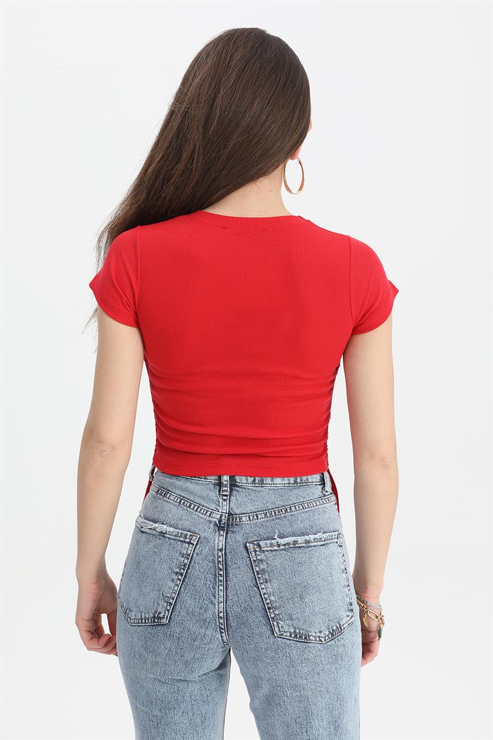 Women's Blouse Crew Neck Pleated Sides - Red - STREET MODE ™
