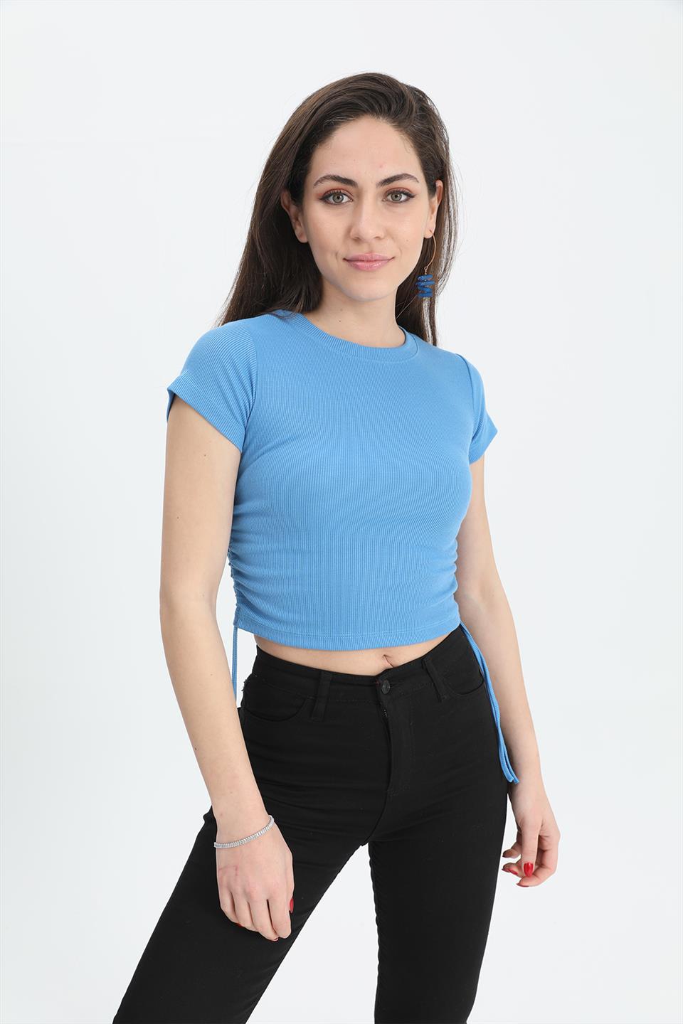 Women's Blouse Crew Neck Pleated Sides - Blue - STREETMODE ™