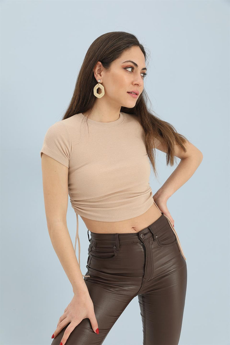 Women's Blouse Crew Neck Pleated Sides - Mink - STREETMODE ™