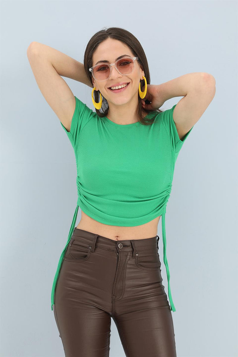 Women's Blouse Crew Neck Pleated Sides - Green - STREET MODE ™