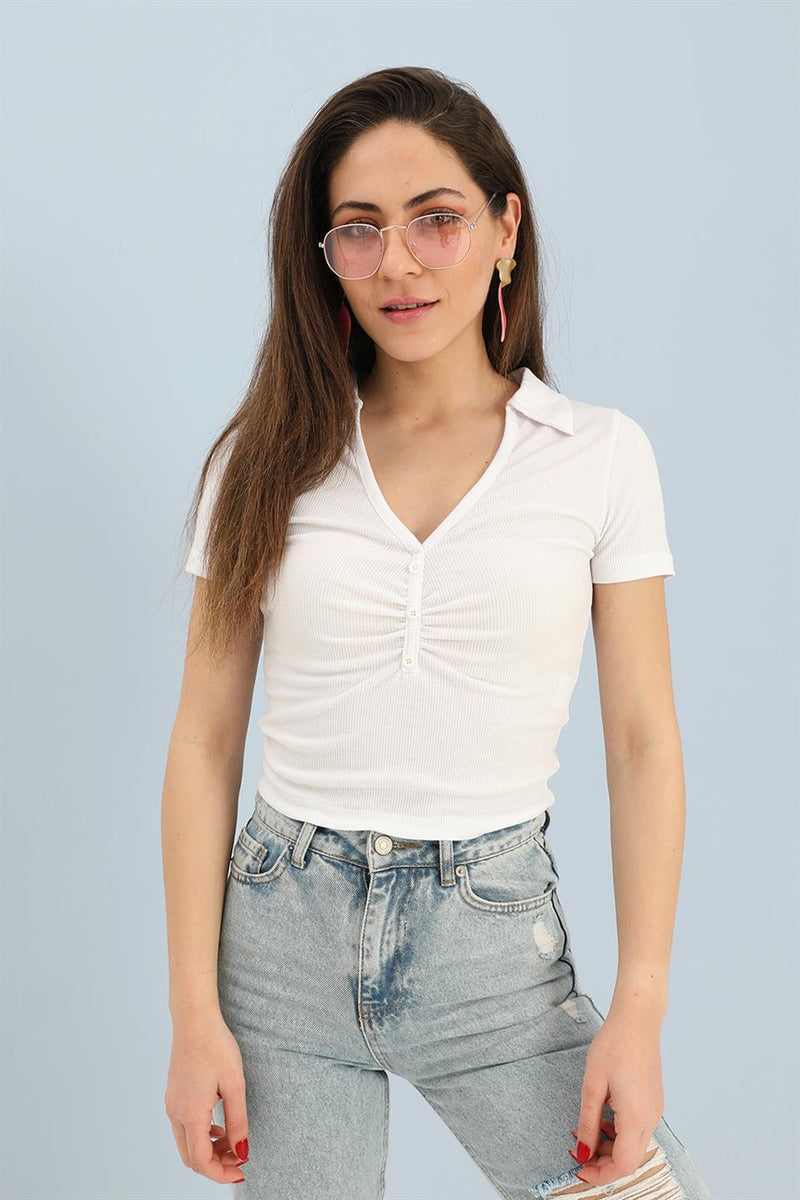 Women's Blouse Shirt Collar Short Sleeve Camisole - White - STREETMODE ™