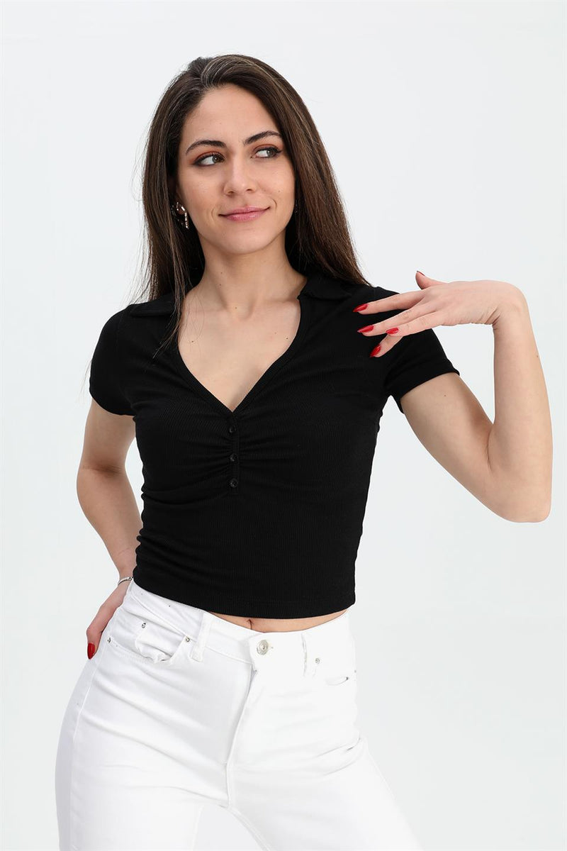 Women's Blouse Shirt Collar Short Sleeve Camisole - Black - STREET MODE ™
