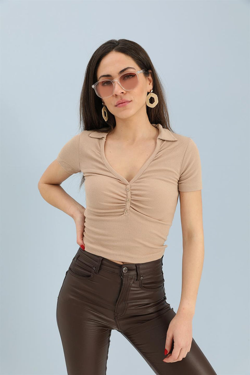 Women's Blouse Shirt Collar Short Sleeve Camisole - Mink - STREETMODE ™
