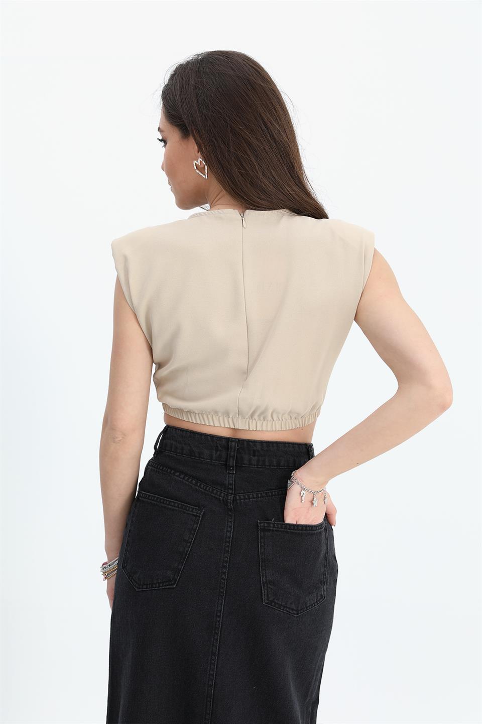 Women's Blouse Shoulders Padded Waist Elastic Ring Detailed - Beige - STREET MODE ™