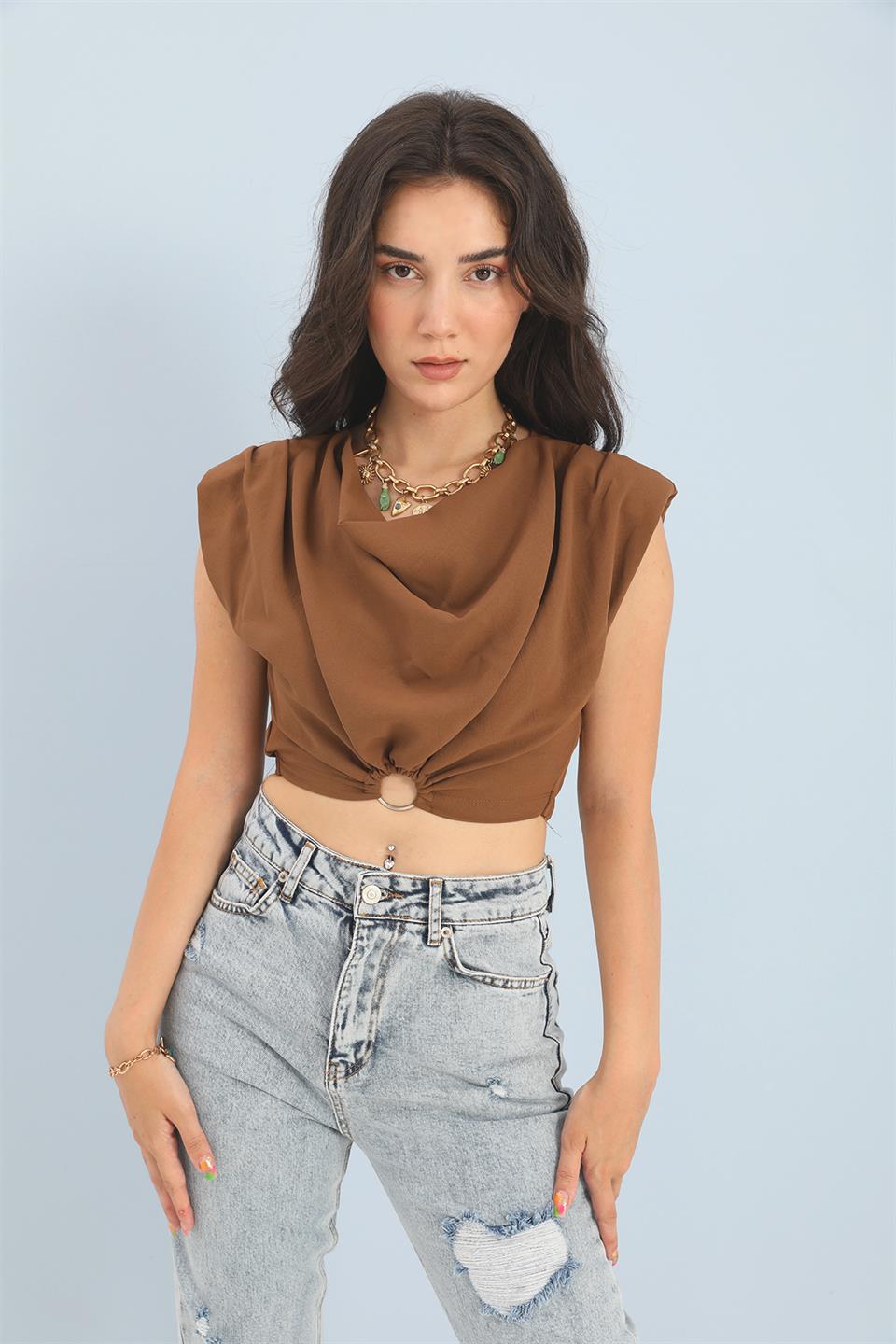 Women's Blouse Shoulders Padded Waist Elastic Ring Detailed - Brown - STREETMODE ™