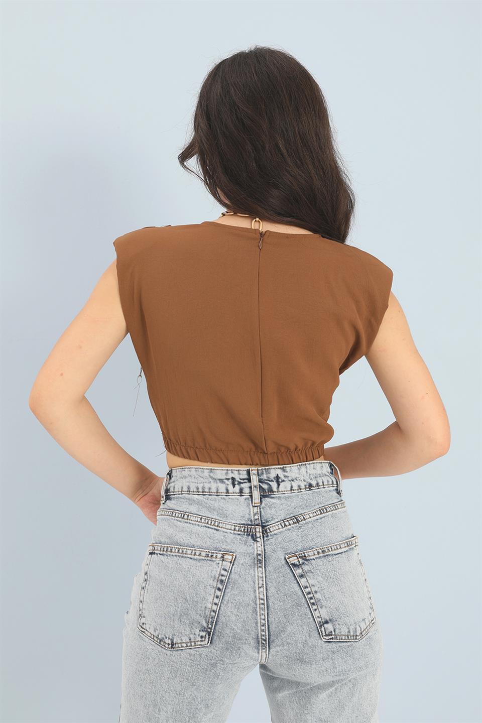 Women's Blouse Shoulders Padded Waist Elastic Ring Detailed - Brown - STREETMODE ™