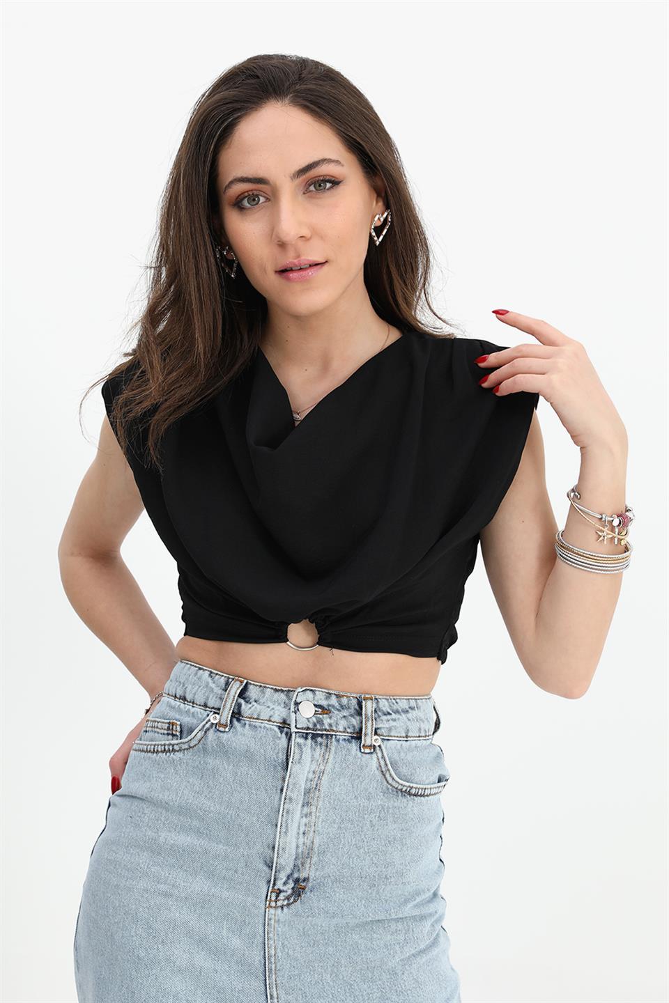 Women's Blouse Shoulders Padded Waist Elastic Ring Detailed - Black - STREETMODE ™