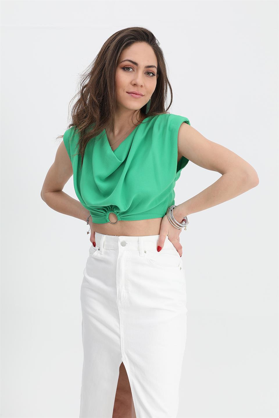 Women's Blouse Shoulders Padded Waist Elastic Ring Detailed - Green - STREET MODE ™