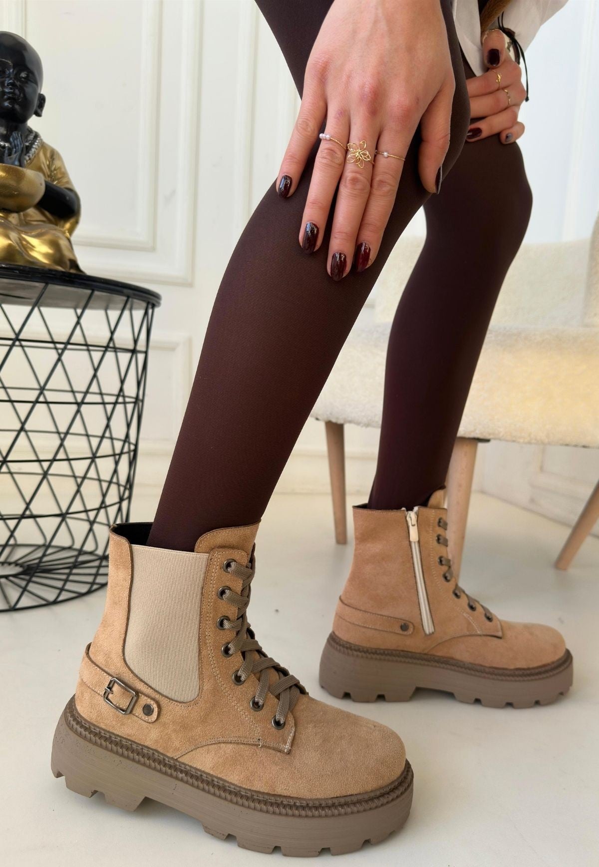 Women's Nude Suede Lace-Up Boots - STREETMODE ™