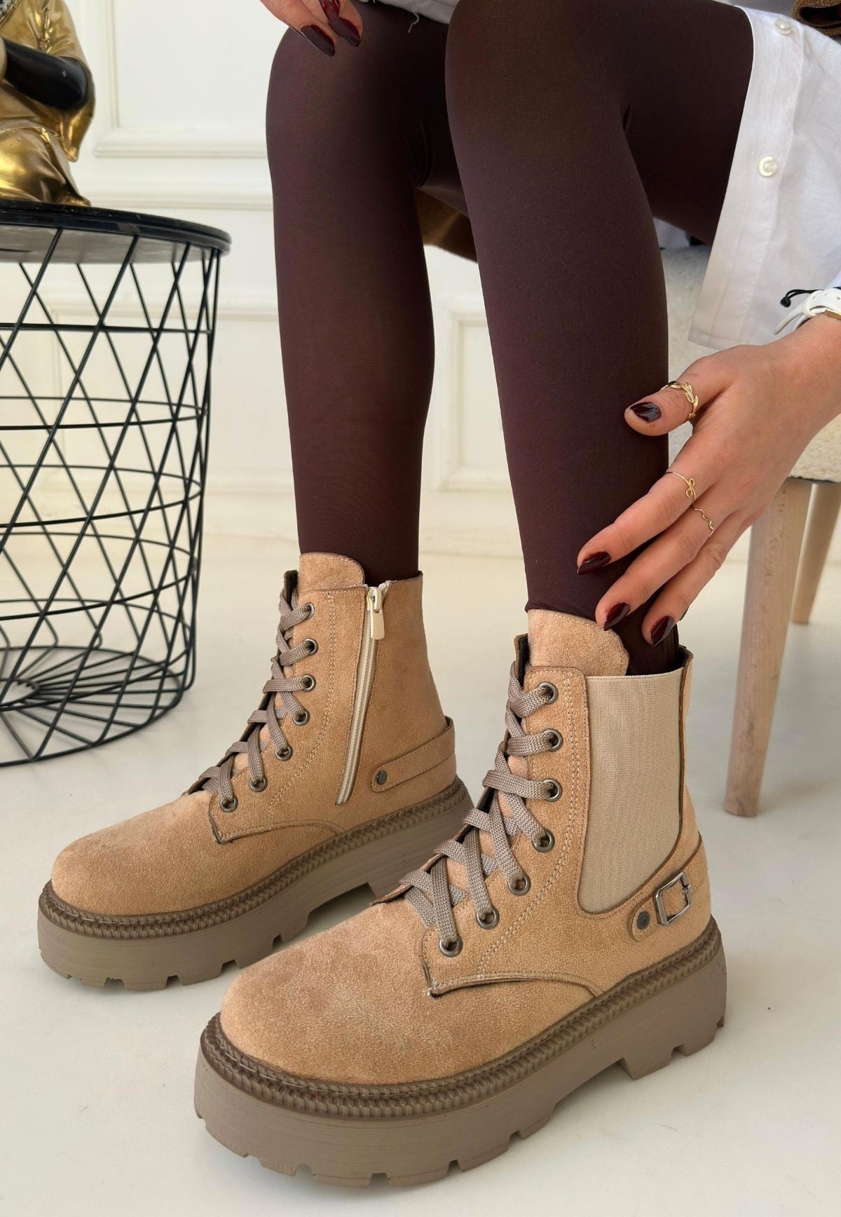 Women's Nude Suede Lace-Up Boots - STREETMODE ™