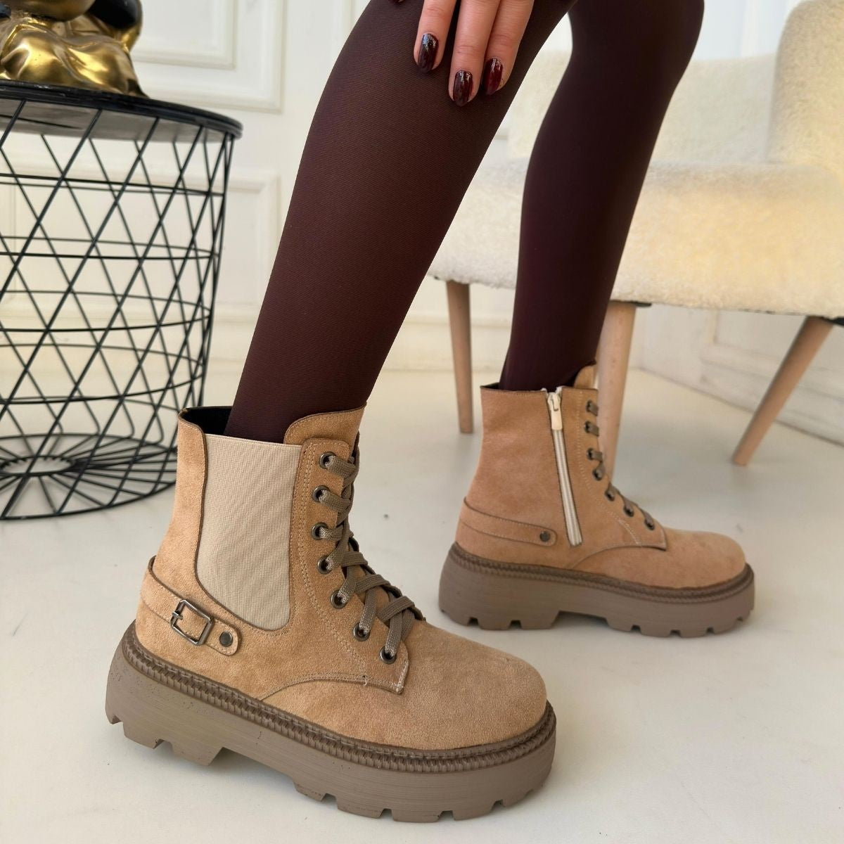 Women's Nude Suede Lace-Up Boots - STREETMODE ™