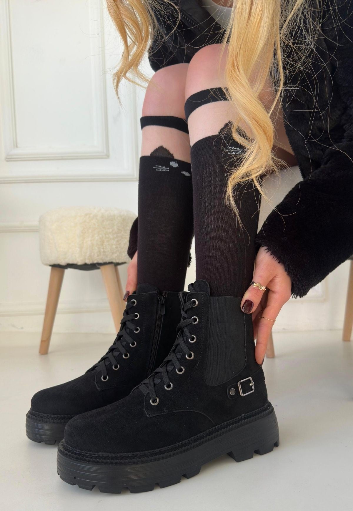 Women's Black Suede Lace-Up Boots - STREETMODE ™