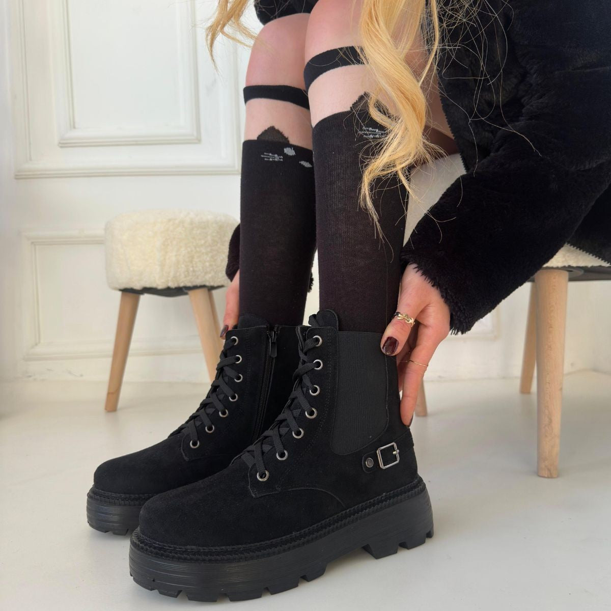 Women's Black Suede Lace-Up Boots - STREETMODE ™