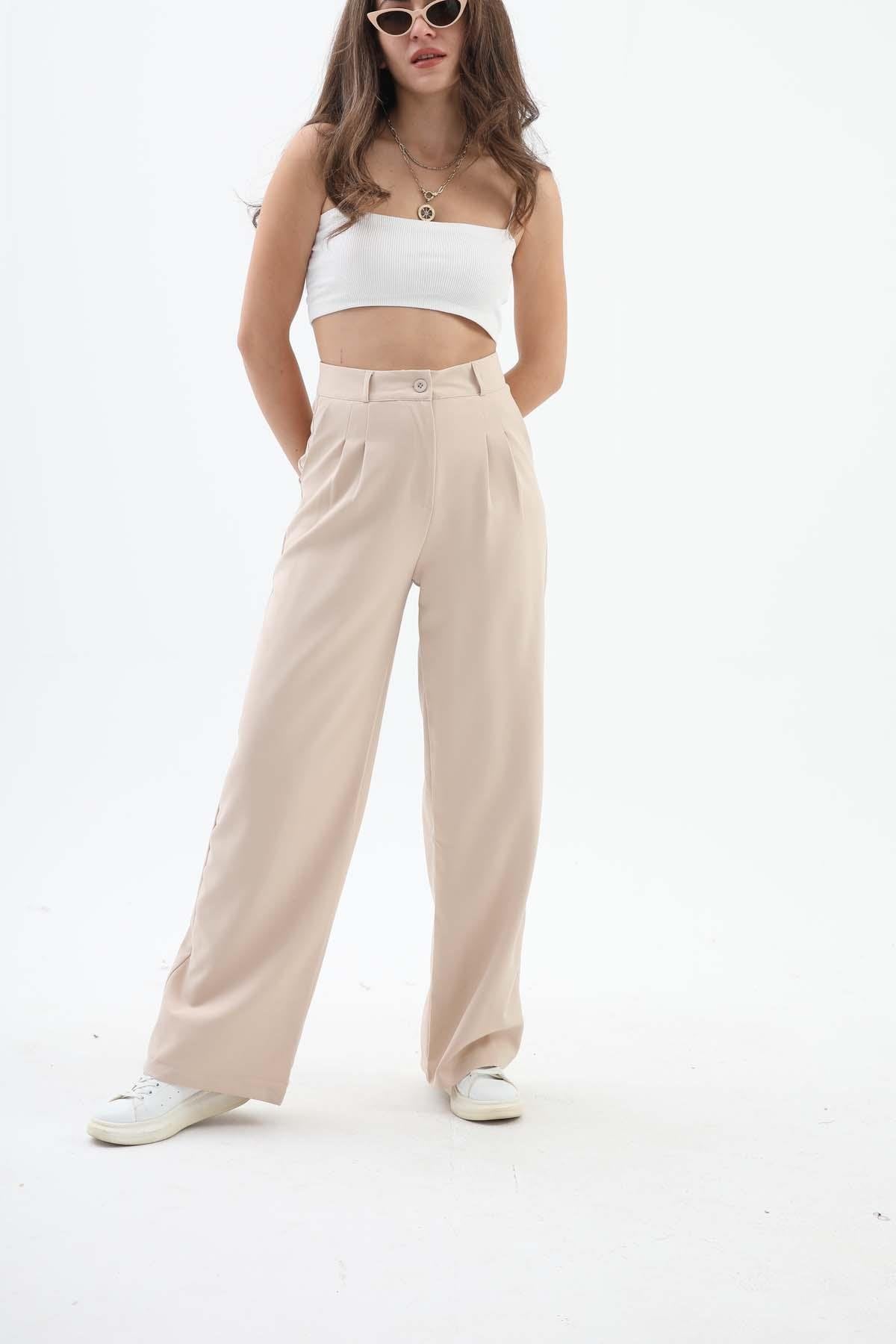 Women's Palazzo Fabric Trousers - Beige - STREETMODE ™