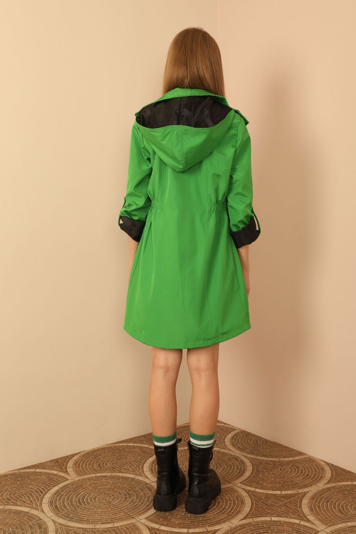 Bondig Fabric Hooded Long Women's Raincoat-Green - STREETMODE ™