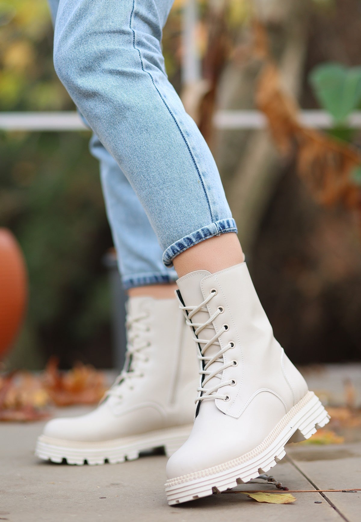 Women's Bria Beige Leather Laced Boots - STREETMODE ™