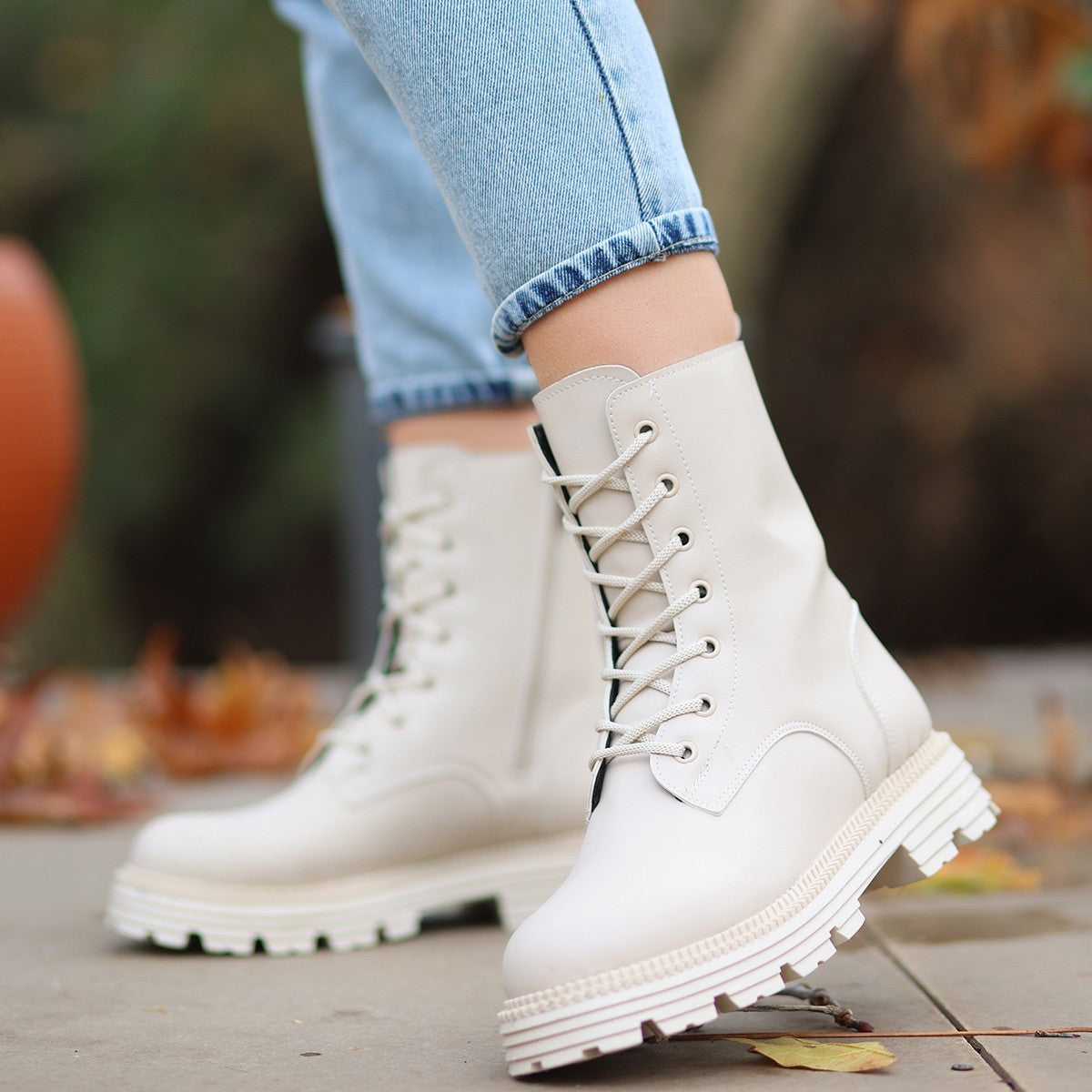 Women's Bria Beige Leather Laced Boots - STREETMODE ™