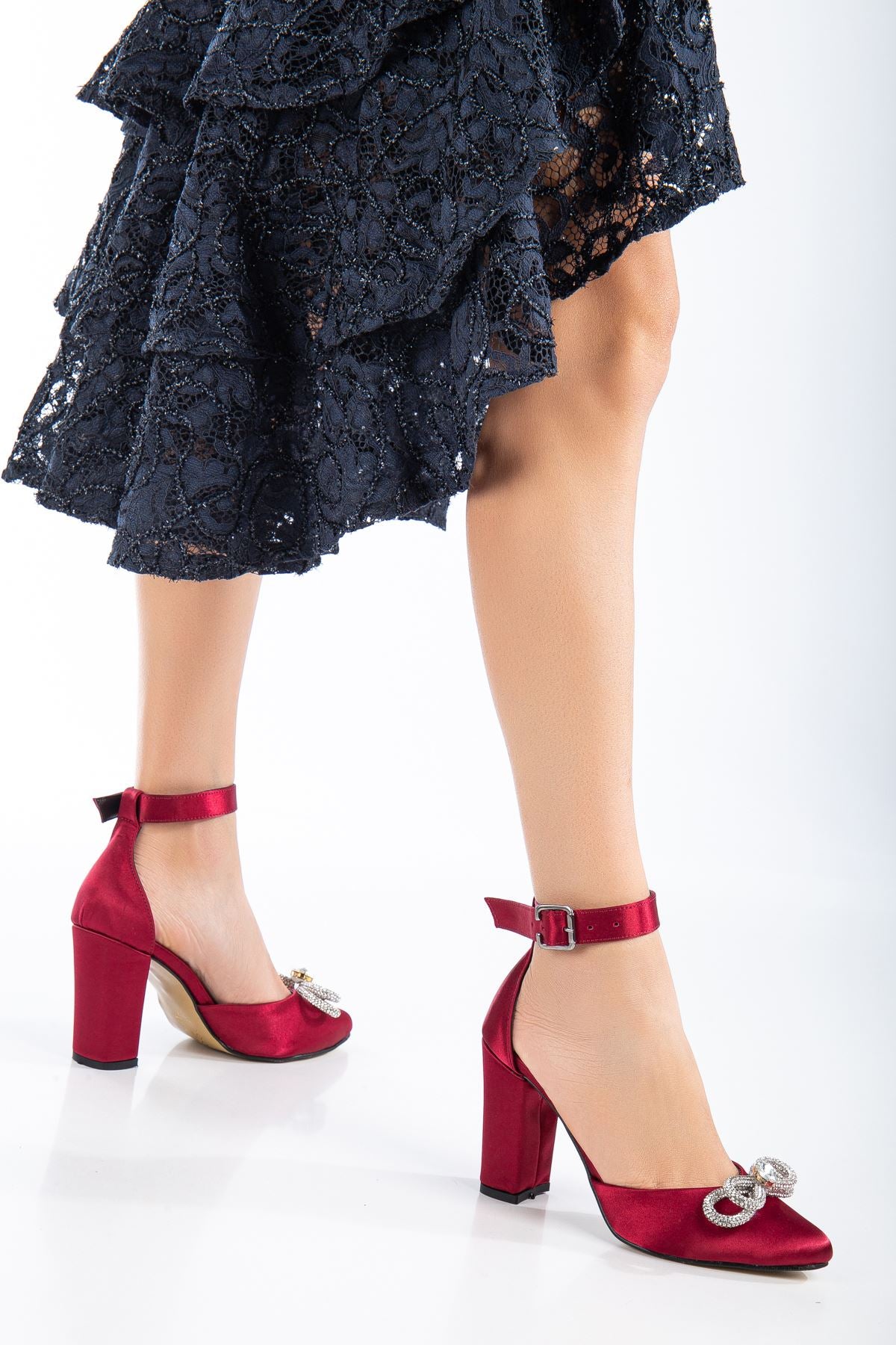 Burgundy Satin Stone Detailed Heeled Women's Shoes - STREETMODE ™