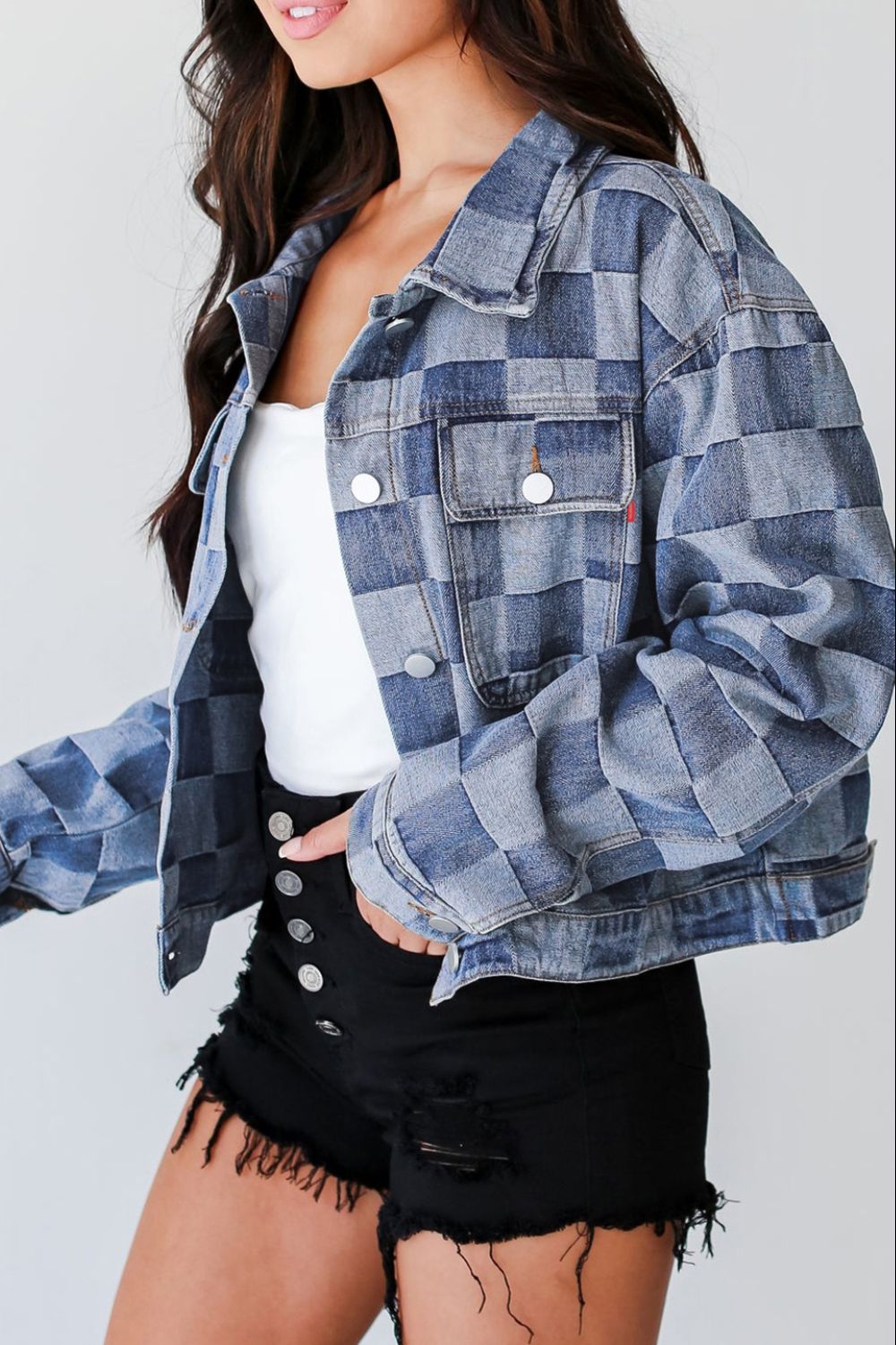 Checkered Button Up Women Denim Jacket - STREETMODE ™