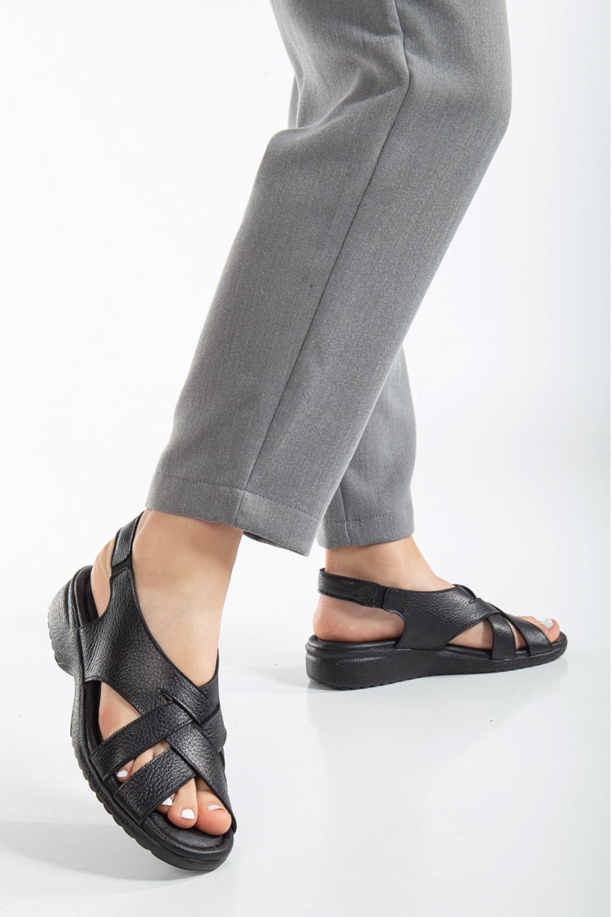 Women's Cross Genuine Leather Black Orthopedic Sole Sandals - STREETMODE ™