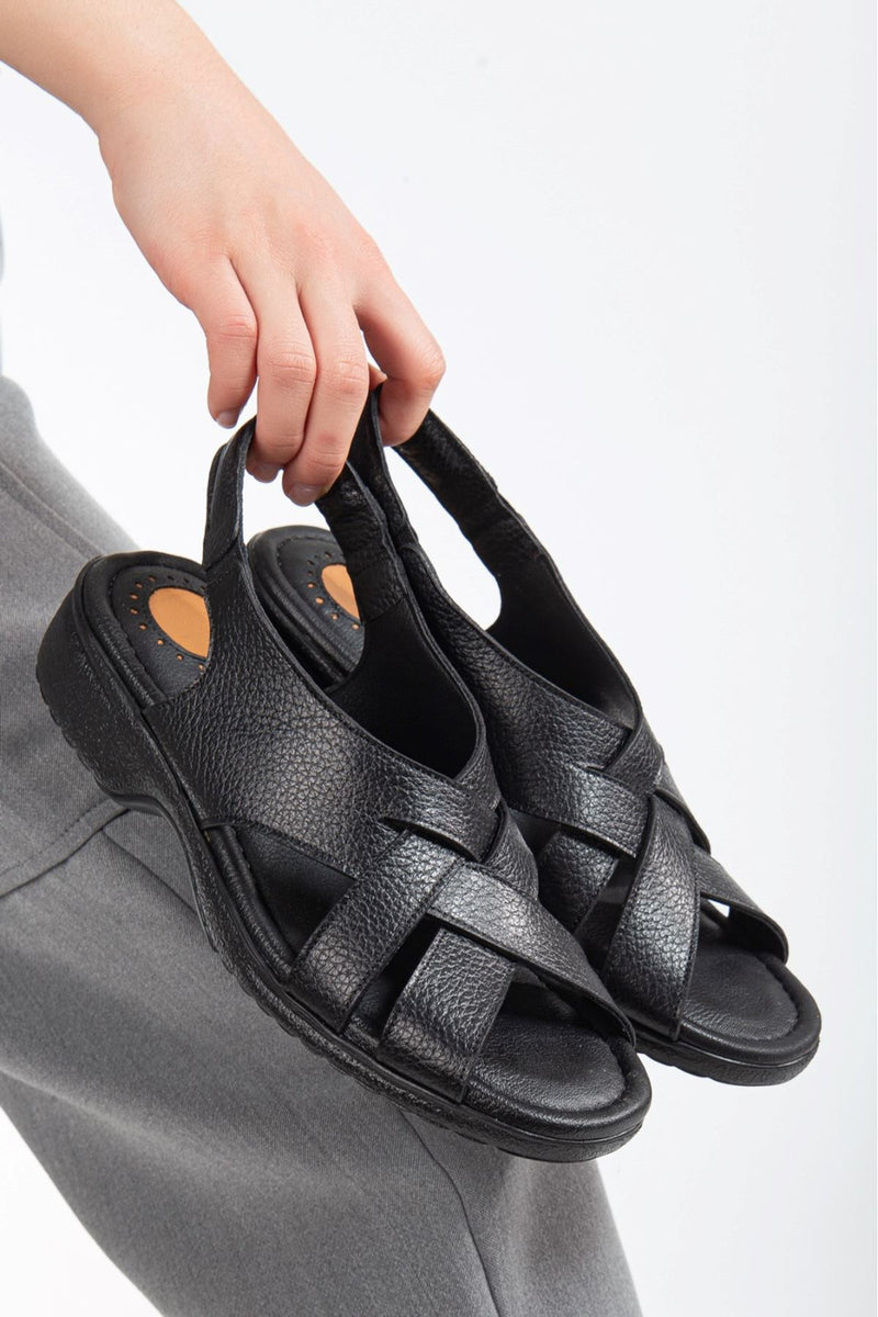 Women's Cross Genuine Leather Black Orthopedic Sole Sandals - STREETMODE ™