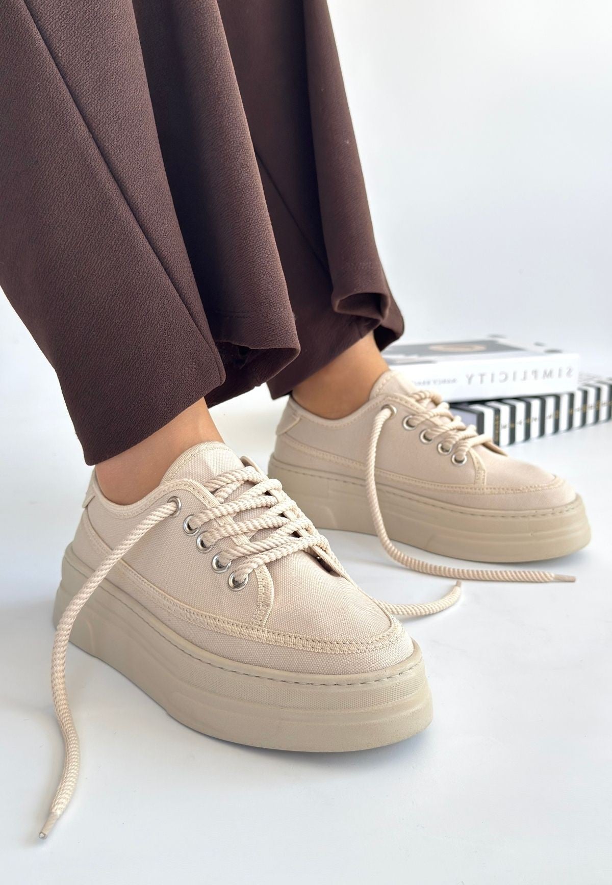 Women's Beige Linen Lace-Up Sneakers - STREETMODE ™