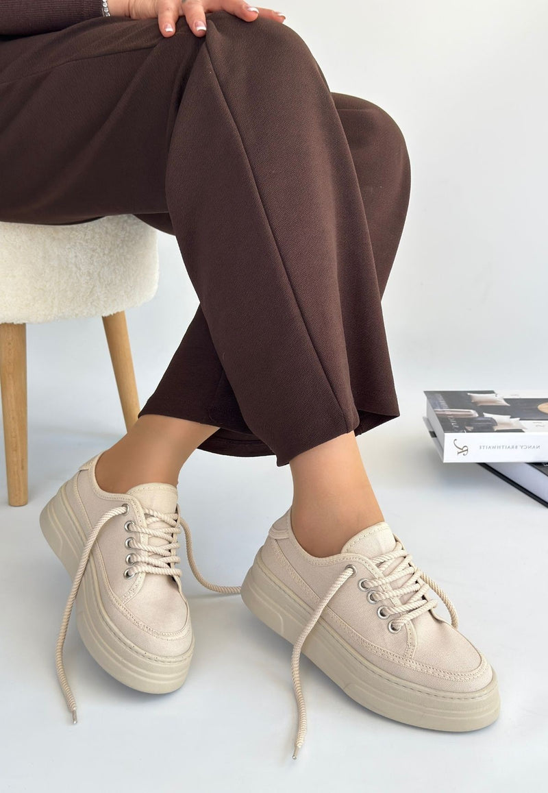 Women's Beige Linen Lace-Up Sneakers - STREETMODE ™