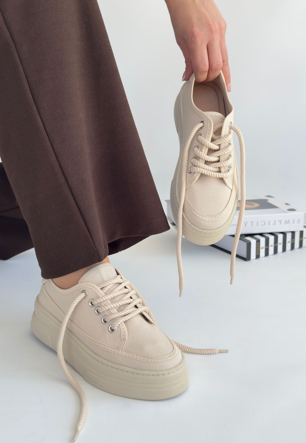 Women's Beige Linen Lace-Up Sneakers - STREETMODE ™