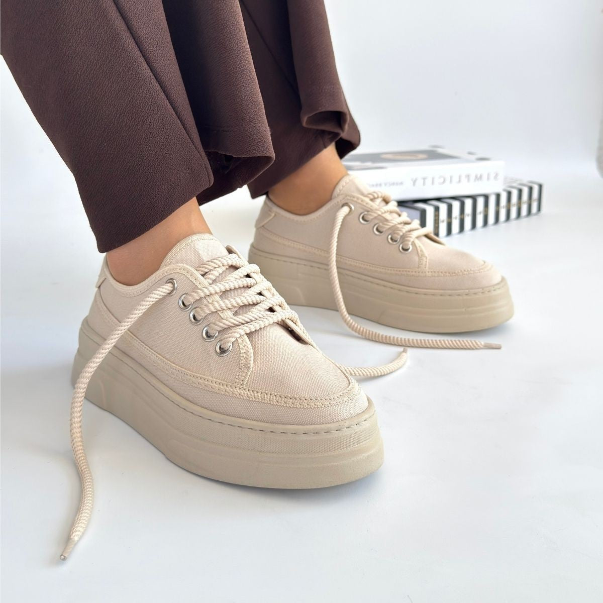 Women's Beige Linen Lace-Up Sneakers - STREETMODE ™