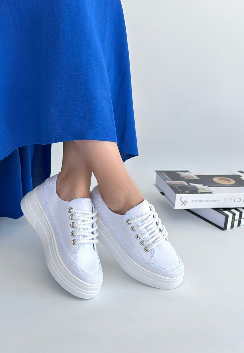 Women's White Linen Lace-Up Sneakers - STREETMODE ™