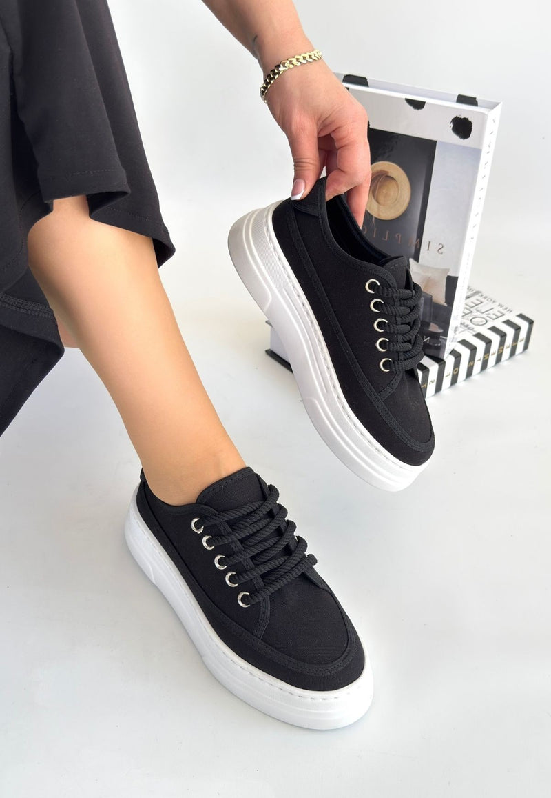 Women's Black Linen Lace-Up Sneakers - STREETMODE ™