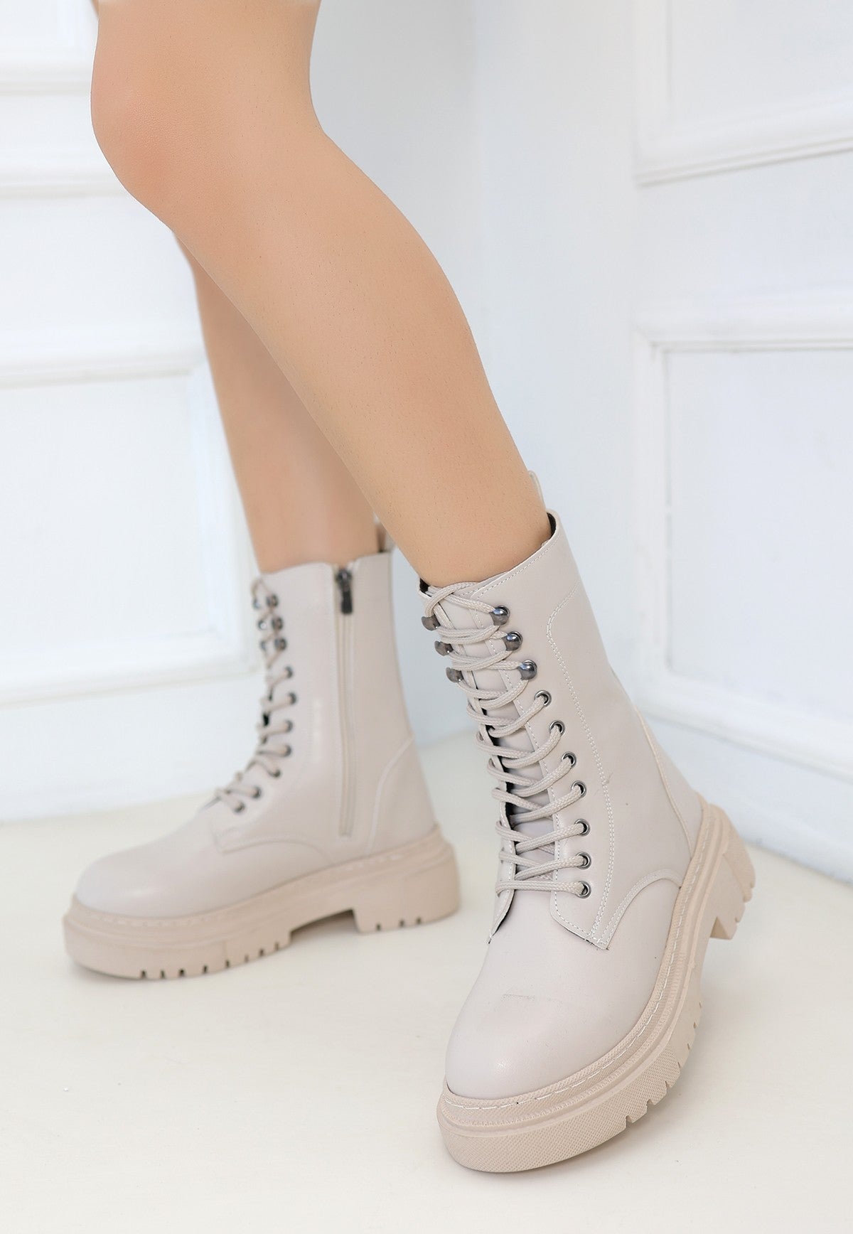 Women's Beige Leather Laced Boots
