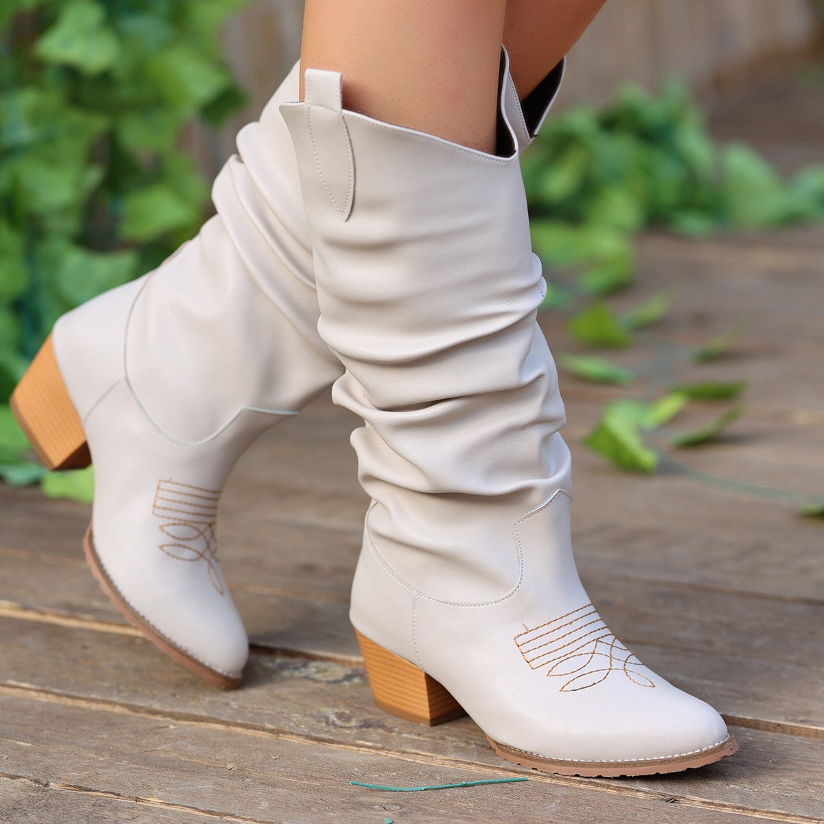 Women's Cayla Beige Leather Heeled Boots - STREETMODE ™