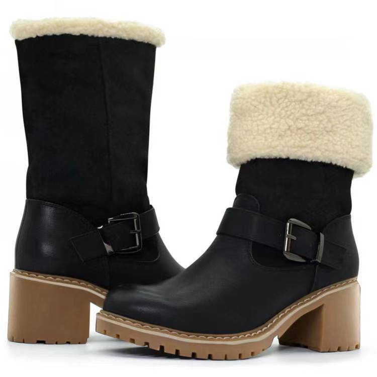 Fashion Boots With Buckle Chunky Heel Shoes Warm Winter Round Toe Western Boots For Women - STREETMODE ™