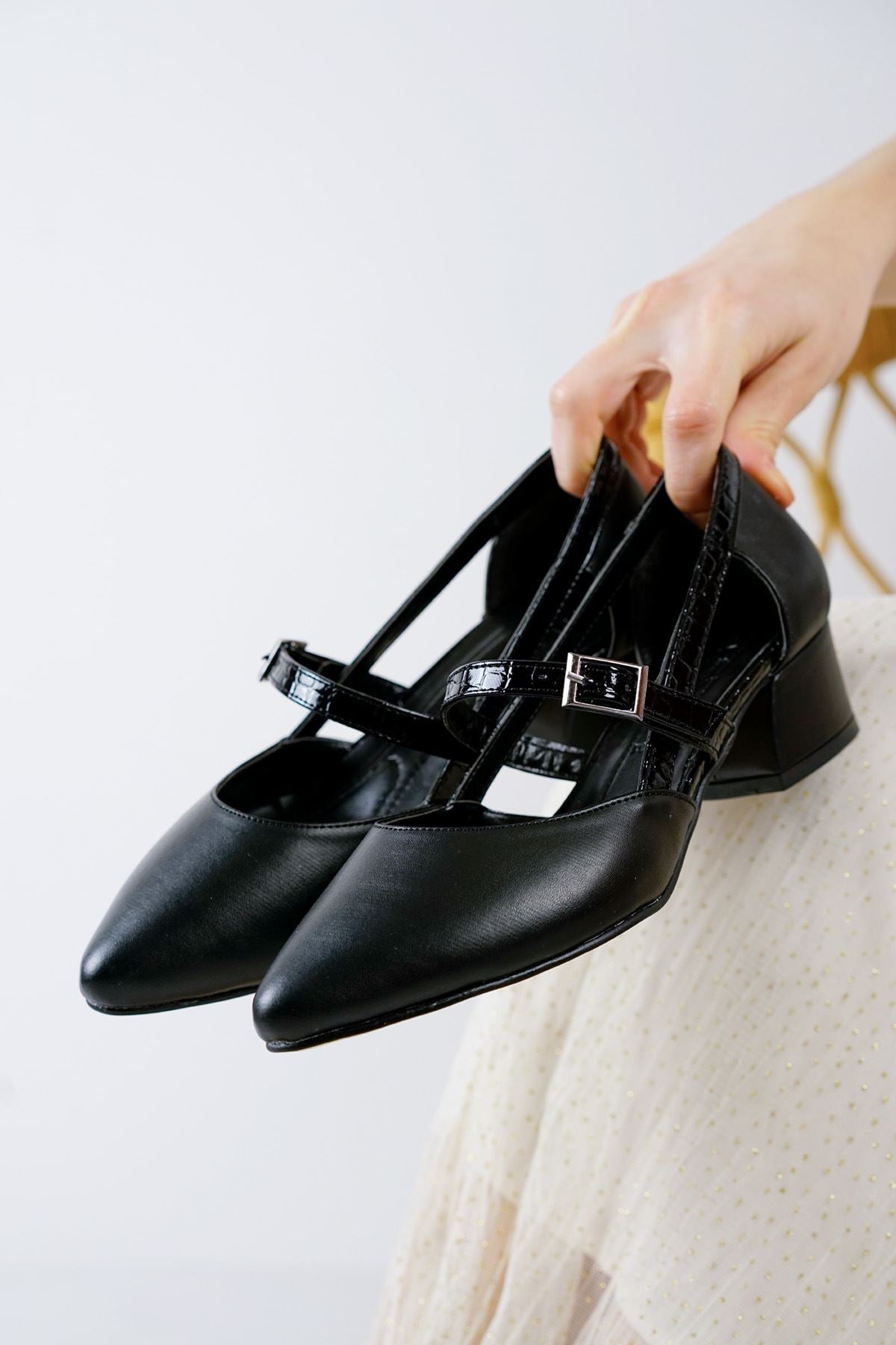 Cedric Black Skin - Crocodile Detailed Low Heel Women's Shoes - STREETMODE ™
