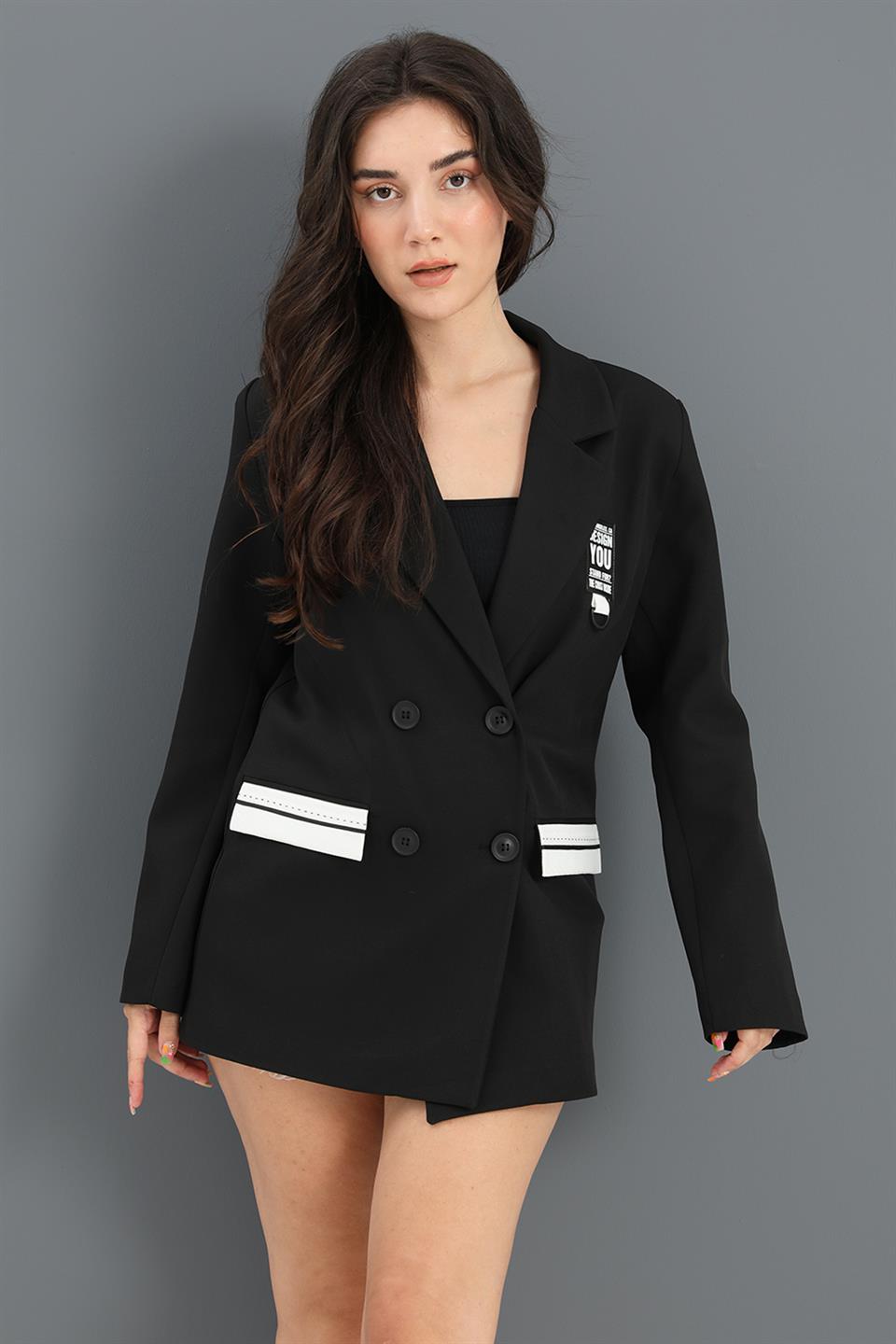 Women's Jacket Pocket Cover Garnish Atlas Fabric - Black - STREET MODE ™