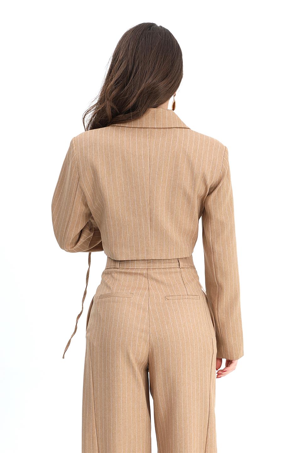 Women's Jacket Short Waistline Fleto Pocket Striped - Camel - STREET MODE ™