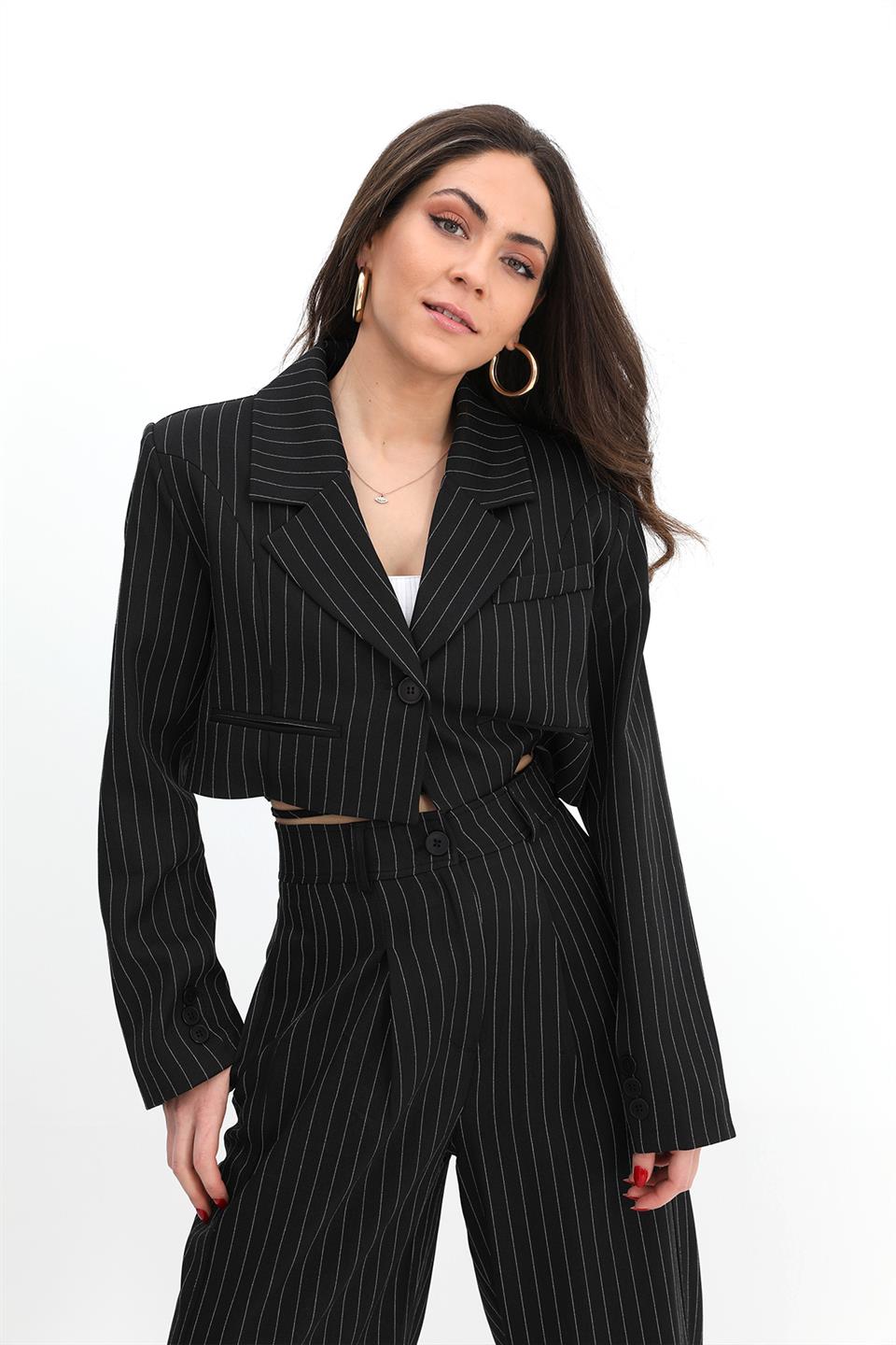 Women's Jacket Short Waistband Fleto Pocket Striped - Black - STREET MODE ™
