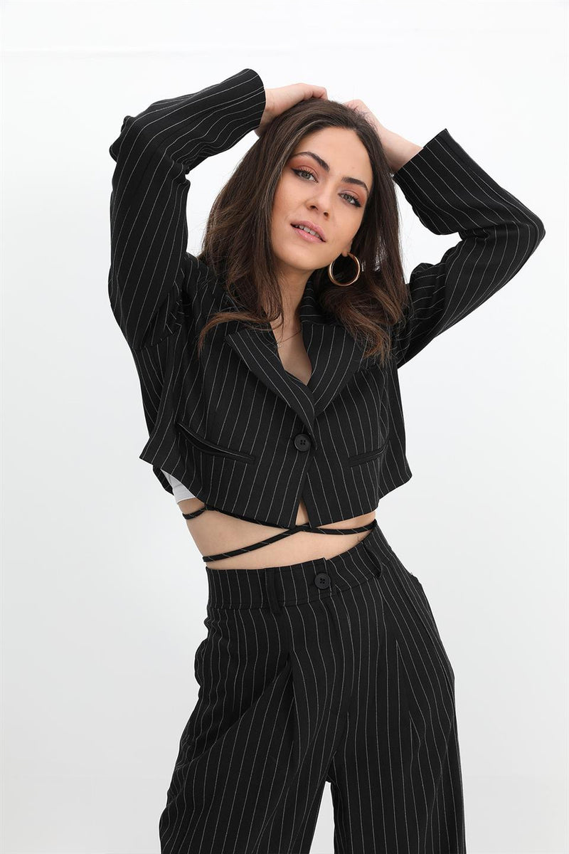 Women's Jacket Short Waistband Fleto Pocket Striped - Black - STREETMODE ™