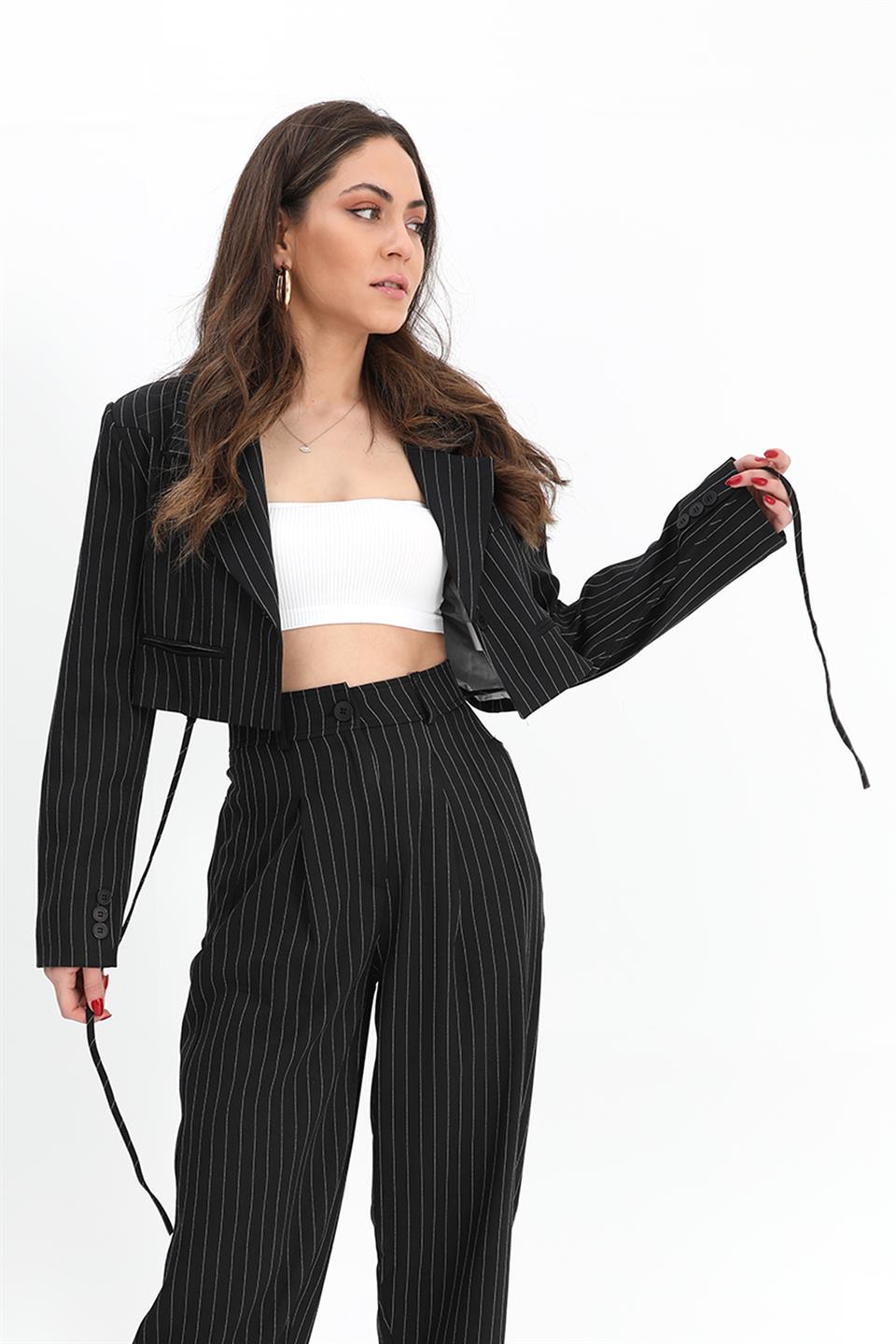 Women's Jacket Short Waistband Fleto Pocket Striped - Black - STREET MODE ™