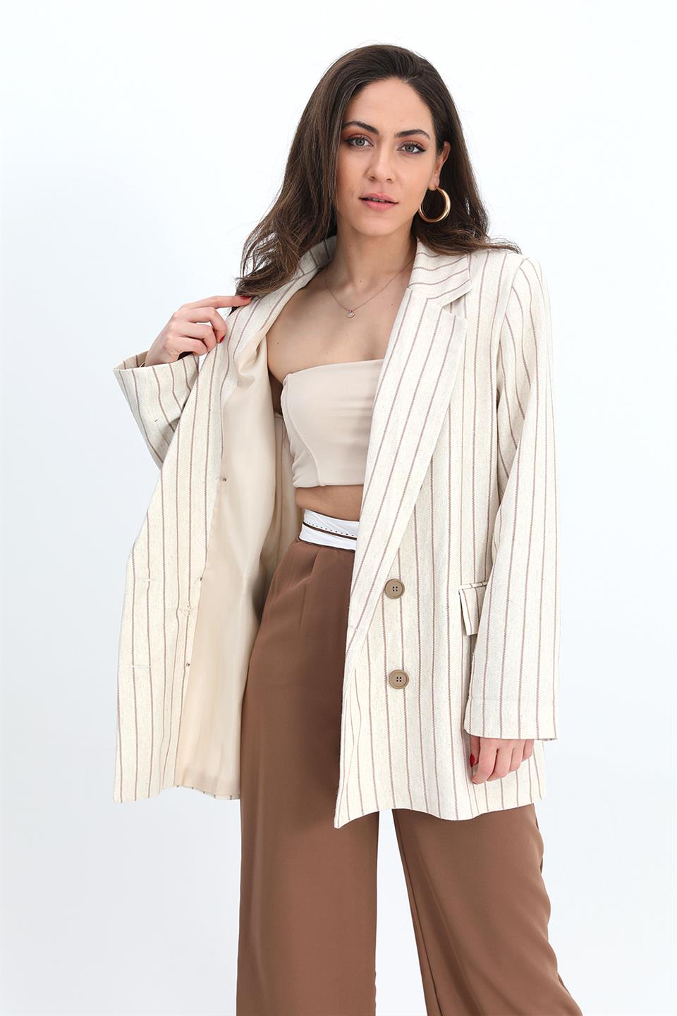 Women's Jacket Sleeve Garnish Striped Linen - Mink - STREET MODE ™