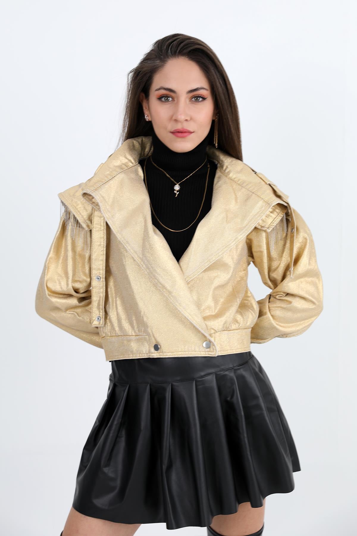Women's Jacket Shoulders Chain Detailed Short Glitter - Gold - STREETMODE ™