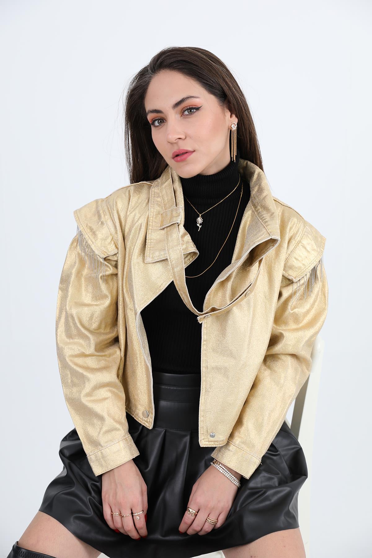 Women's Jacket Shoulders Chain Detailed Short Glitter - Gold - STREETMODE ™