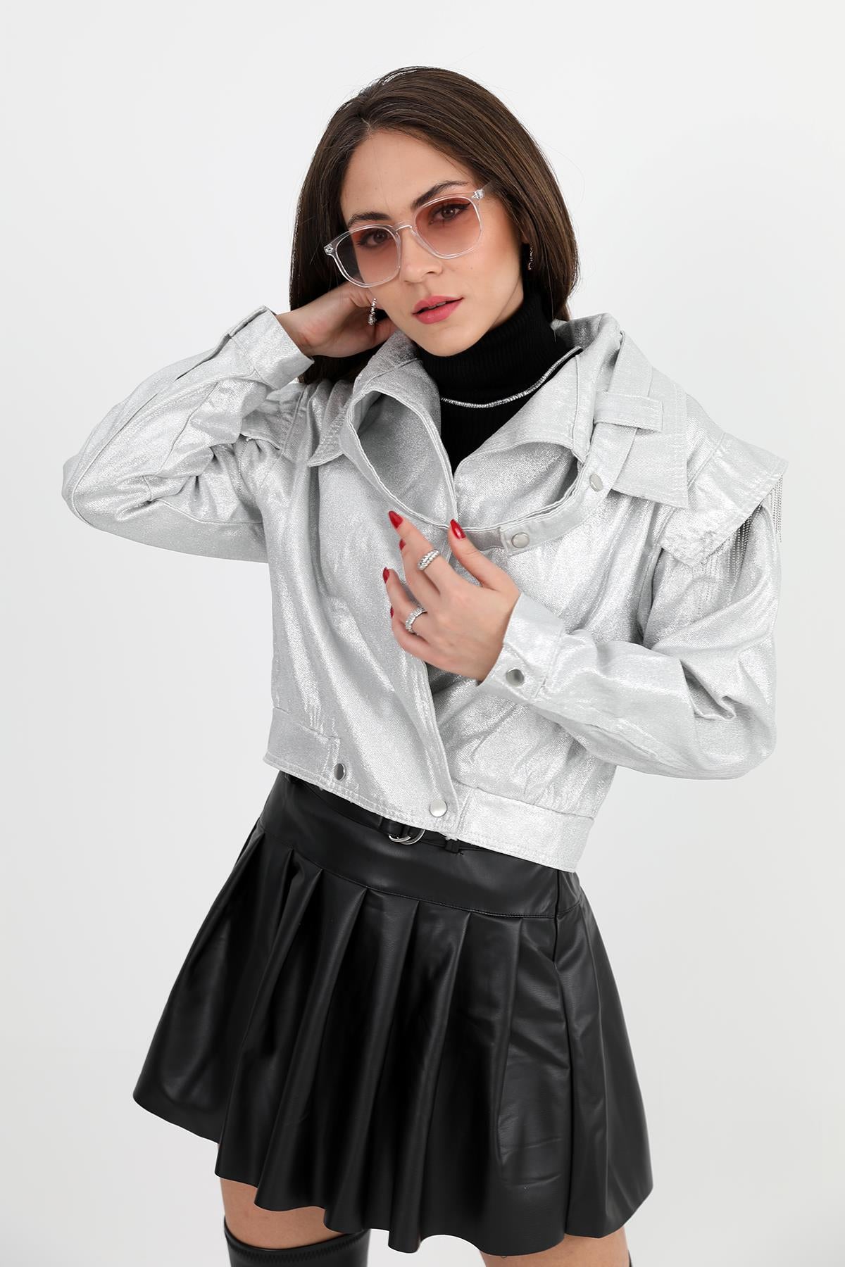 Women's Jacket Shoulders Chain Detailed Short Glitter - Silver - STREETMODE ™