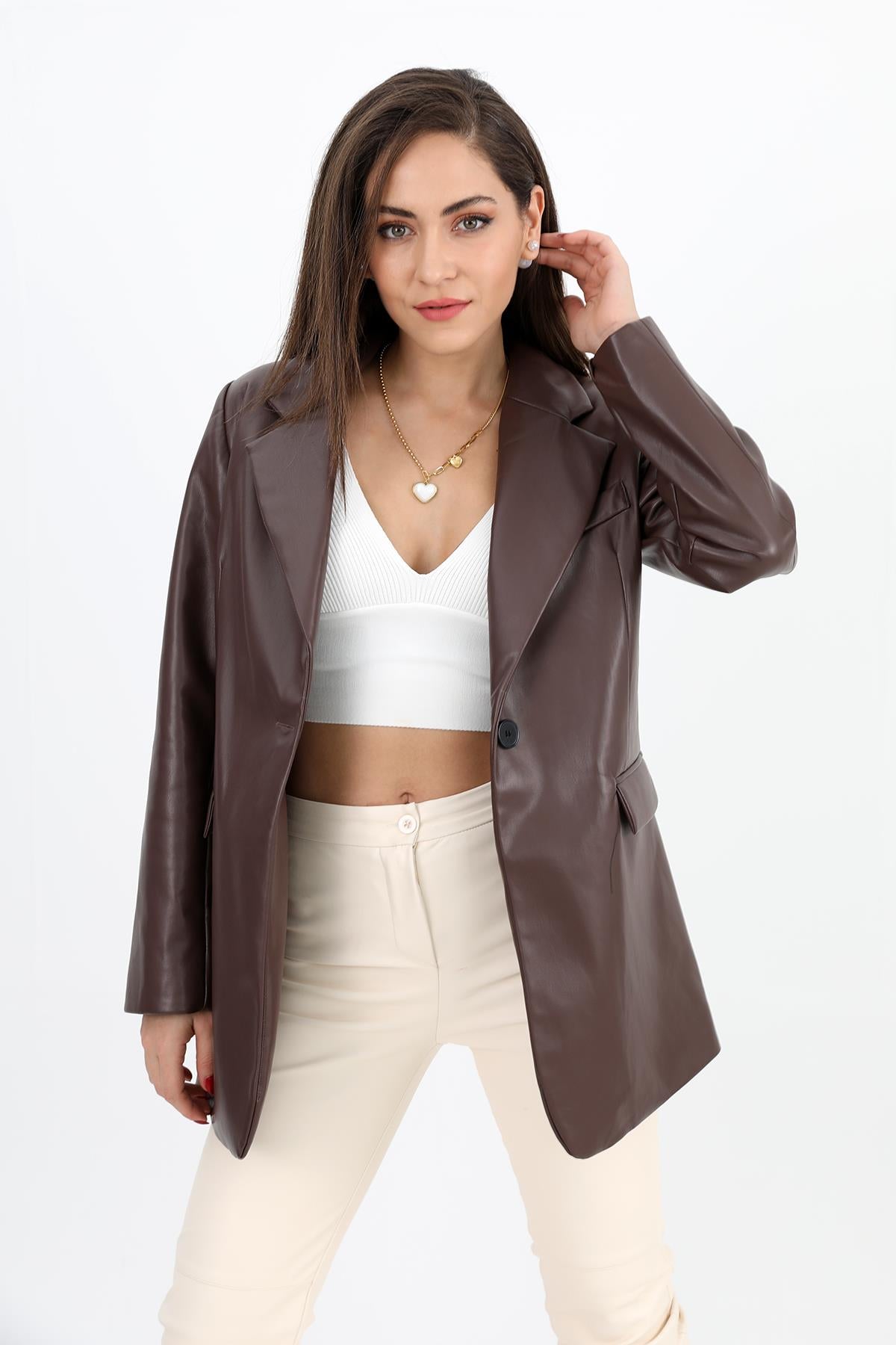 Women's Pocket Flap Leather Blazer Jacket with Padded Shoulders - Brown - STREETMODE ™