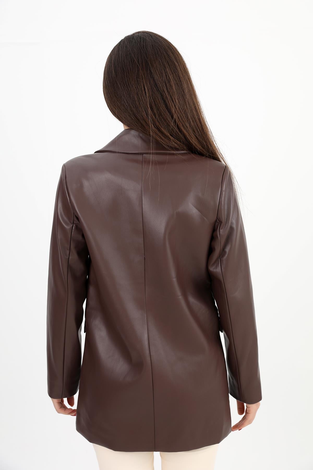 Women's Pocket Flap Leather Blazer Jacket with Padded Shoulders - Brown - STREETMODE ™