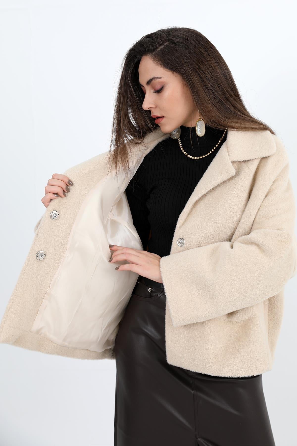 Women's Long Wool Snap Jacket with Pockets - Beige - STREETMODE ™