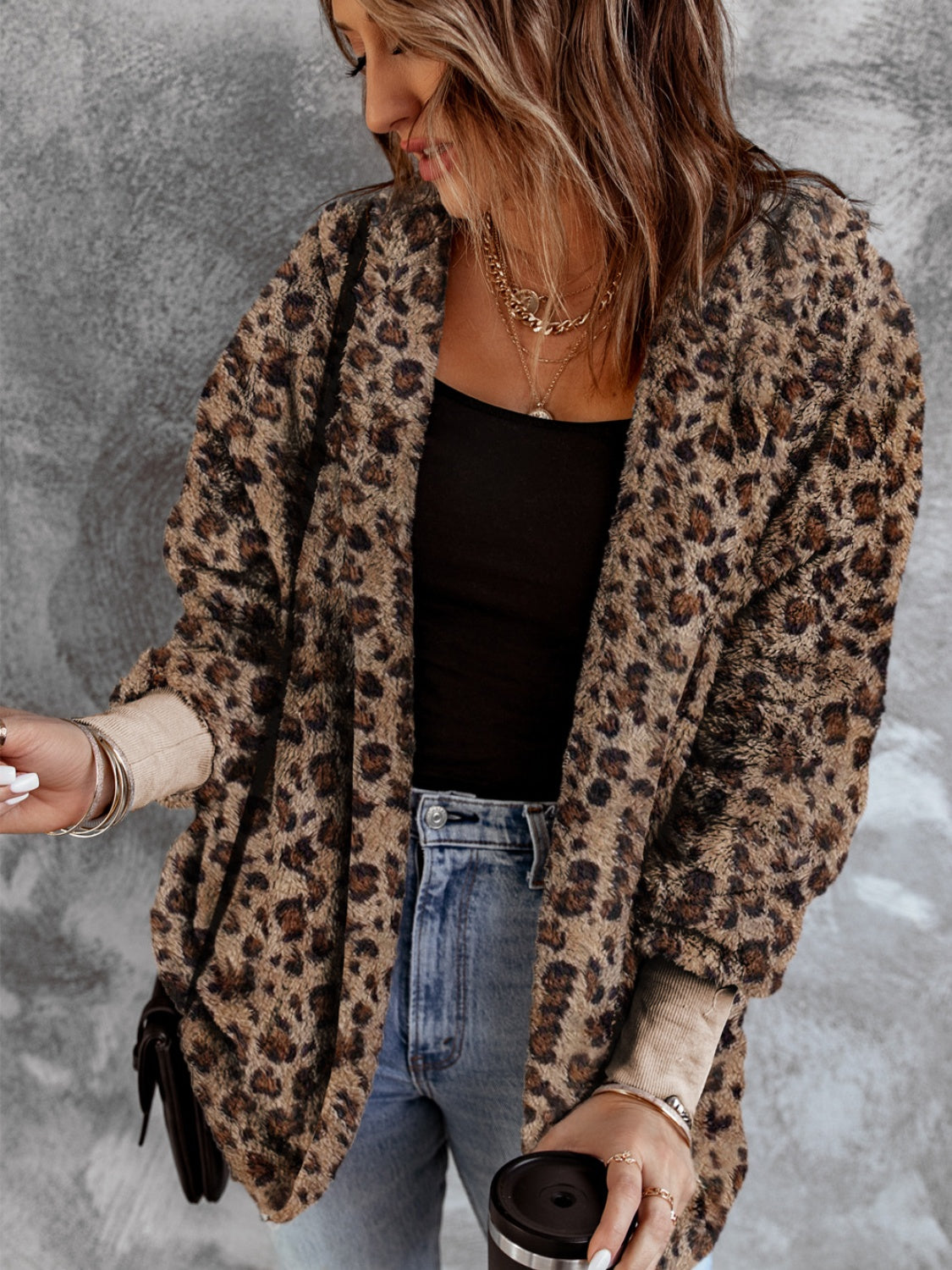 Fuzzy Leopard Long Sleeve Hooded Women Jacket - STREETMODE ™