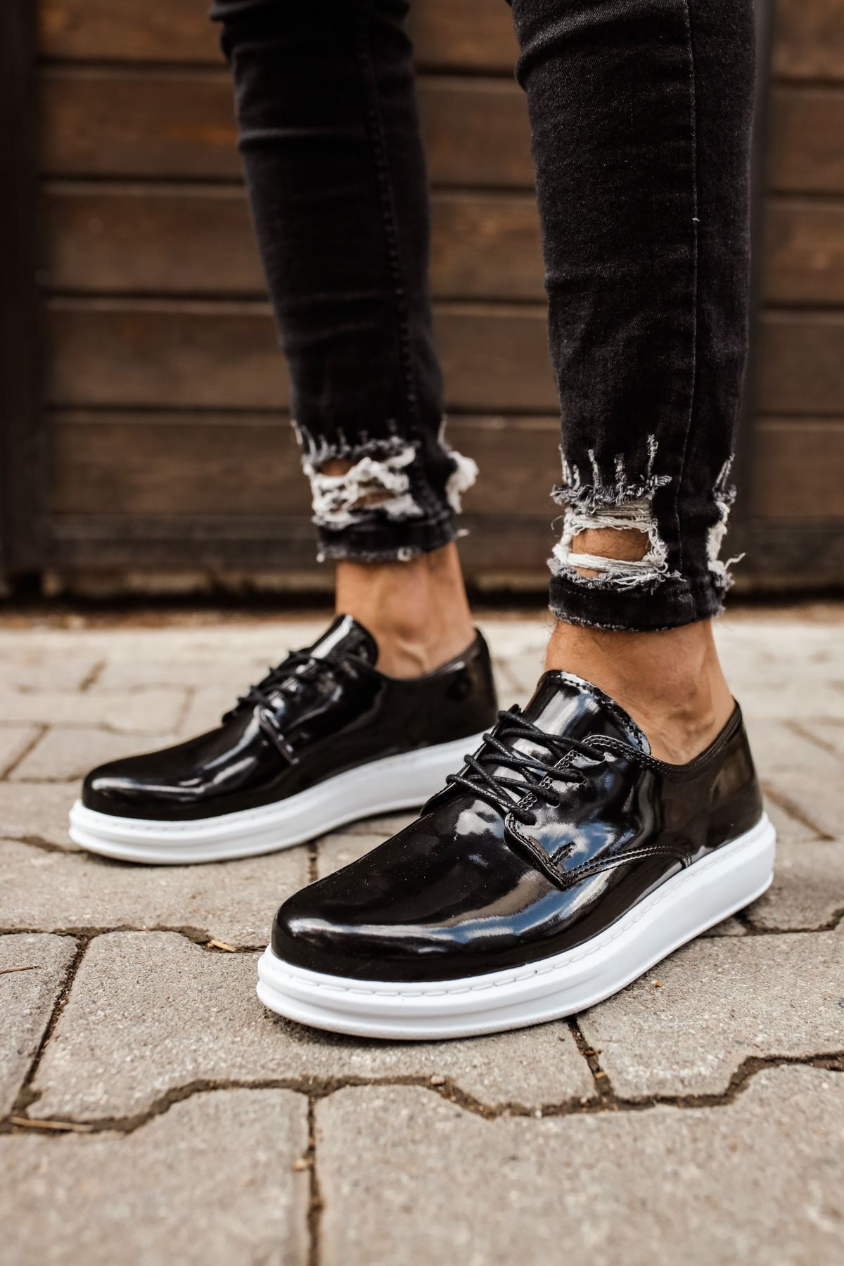 CH003 Men's Black-White Sole Patent Leather Casual Classic Shoes - STREETMODE ™